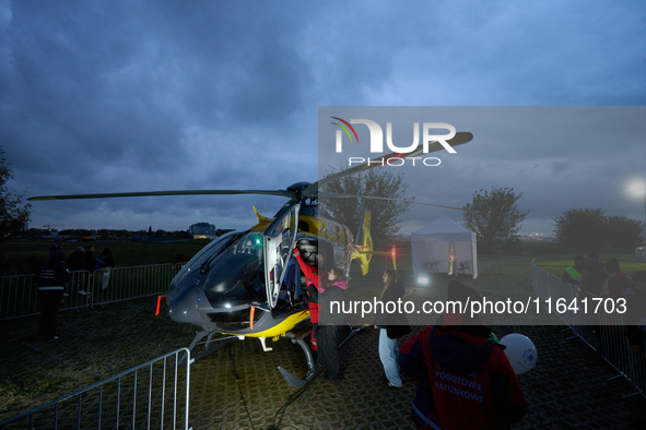 A Eurocopter EC135P2 medical helicopter is seen at the Warsaw Institute of Aviation in Warsaw, Poland on 04 October, 2024. The annual Aviati...