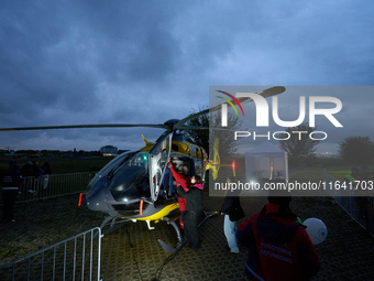 A Eurocopter EC135P2 medical helicopter is seen at the Warsaw Institute of Aviation in Warsaw, Poland on 04 October, 2024. The annual Aviati...