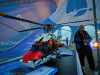 A helicopter built from Lego is seen at the Warsaw Institute of Aviation in Warsaw, Poland on 04 October, 2024. The annual Aviation Night is...