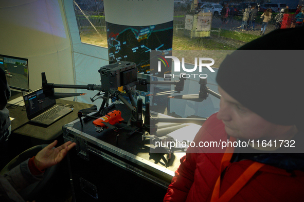 Drones are seen on display at the Warsaw Institute of Aviation in Warsaw, Poland on 04 October, 2024. The annual Aviation Night is an event...