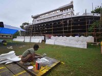 Workers make a Titanic ship as a pandal for the Durga Puja festival in Nagaon District, Assam, India, on October 6, 2024. (