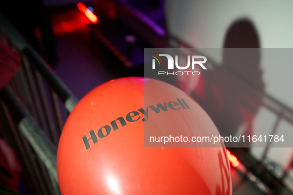 The Honeywell logo is seen on a balloon at the Warsaw Institute of Aviation in Warsaw, Poland on 04 October, 2024. The annual Aviation Night...