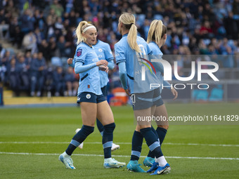 Lauren Hemp #11 of Manchester City W.F.C. celebrates her goal during the Barclays FA Women's Super League match between Manchester City and...