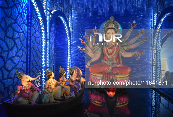 An idol of Durga is seen at a pandal during the Durga Puja festival in Kolkata, India, on October 6, 2024. 