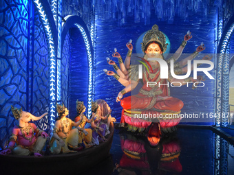 An idol of Durga is seen at a pandal during the Durga Puja festival in Kolkata, India, on October 6, 2024. (