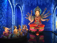 An idol of Durga is seen at a pandal during the Durga Puja festival in Kolkata, India, on October 6, 2024. (