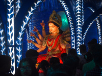 People visit a pandal or temporary platform on the occasion of the Durga Puja festival in Kolkata, India, on October 6, 2024. (