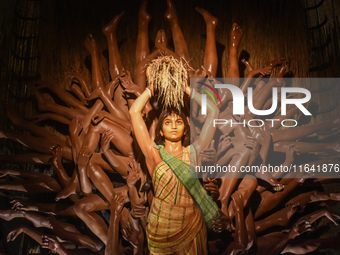 An idol of Durga is seen at a pandal during the Durga Puja festival in Kolkata, India, on October 6, 2024. (