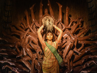 An idol of Durga is seen at a pandal during the Durga Puja festival in Kolkata, India, on October 6, 2024. (