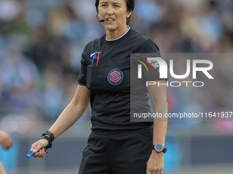 Referee Jane Simms officiates the Barclays FA Women's Super League match between Manchester City and West Ham United at the Joie Stadium in...