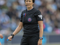 Referee Jane Simms officiates the Barclays FA Women's Super League match between Manchester City and West Ham United at the Joie Stadium in...