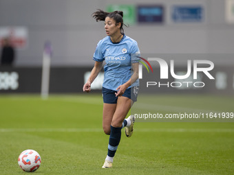 Leila Ouahabi #15 of Manchester City W.F.C. participates in the Barclays FA Women's Super League match between Manchester City and West Ham...