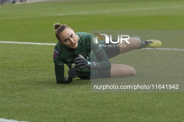 Kinga Szemik, number 1 of West Ham United F.C., concedes a goal during the Barclays FA Women's Super League match between Manchester City an...