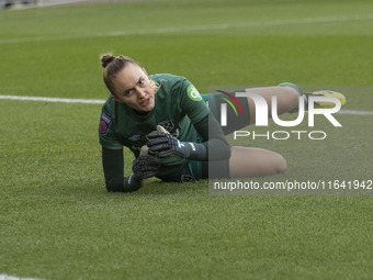 Kinga Szemik, number 1 of West Ham United F.C., concedes a goal during the Barclays FA Women's Super League match between Manchester City an...