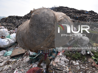 An Indian rag-picker carries a sack with recyclable materials at a landfill in the Boragoan area in Guwahati, India, on June 4, 2018. (