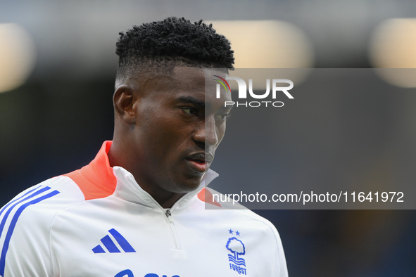 Taiwo Awoniyi of Nottingham Forest plays during the Premier League match between Chelsea and Nottingham Forest at Stamford Bridge in London,...