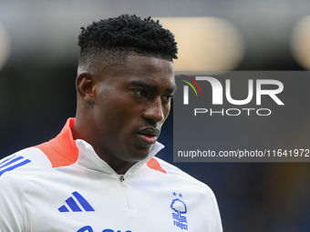 Taiwo Awoniyi of Nottingham Forest plays during the Premier League match between Chelsea and Nottingham Forest at Stamford Bridge in London,...