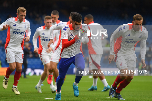 Morgan Gibbs-White of Nottingham Forest warms up ahead of kick-off during the Premier League match between Chelsea and Nottingham Forest at...