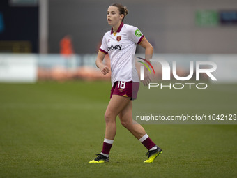 Anouk Denton #18 of West Ham United F.C. plays during the Barclays FA Women's Super League match between Manchester City and West Ham United...