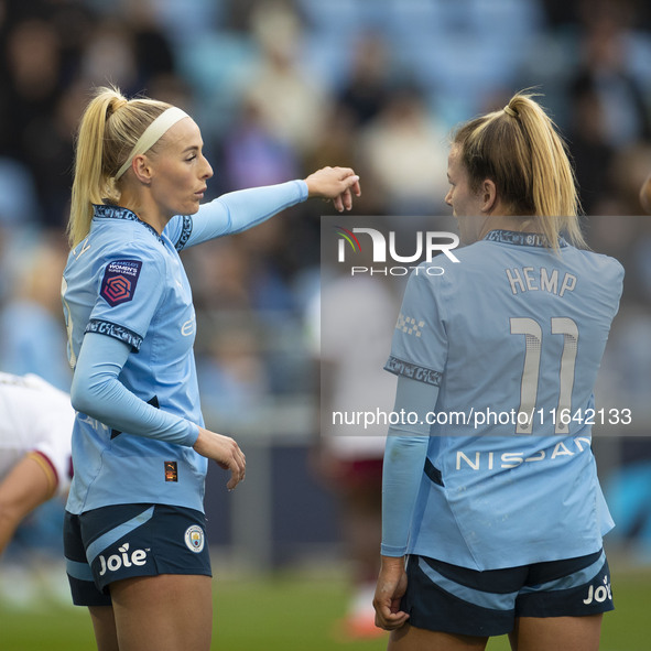 Chloe Kelly #9 of Manchester City W.F.C. gesticulates during the Barclays FA Women's Super League match between Manchester City and West Ham...