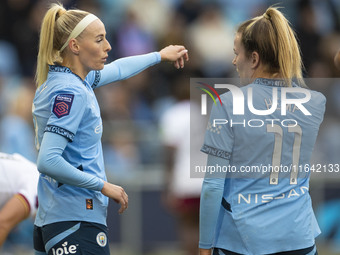 Chloe Kelly #9 of Manchester City W.F.C. gesticulates during the Barclays FA Women's Super League match between Manchester City and West Ham...