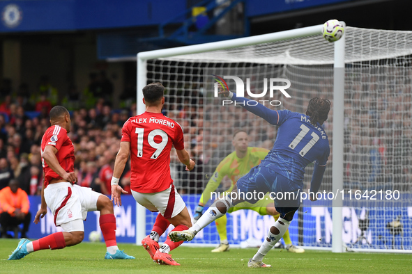 Noni Madueke of Chelsea shoots over the bar during the Premier League match between Chelsea and Nottingham Forest at Stamford Bridge in Lond...