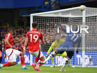 Noni Madueke of Chelsea shoots over the bar during the Premier League match between Chelsea and Nottingham Forest at Stamford Bridge in Lond...