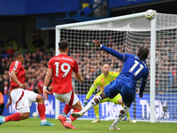 Noni Madueke of Chelsea shoots over the bar during the Premier League match between Chelsea and Nottingham Forest at Stamford Bridge in Lond...