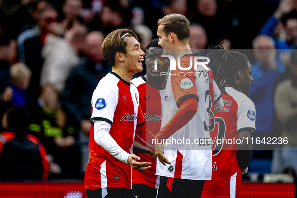 Feyenoord Rotterdam forward Ayase Ueda scores the 1-0 and celebrates the goal during the match between Feyenoord and Twente at the Feyenoord...