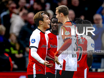 Feyenoord Rotterdam forward Ayase Ueda scores the 1-0 and celebrates the goal during the match between Feyenoord and Twente at the Feyenoord...