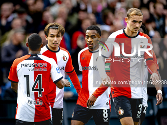 Feyenoord Rotterdam forward Ayase Ueda scores the 1-0 and celebrates the goal during the match between Feyenoord and Twente at the Feyenoord...