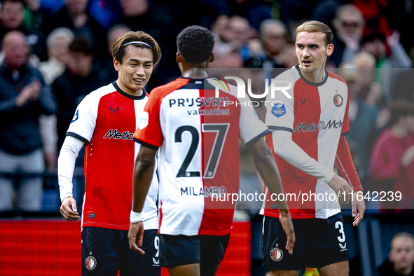 Feyenoord Rotterdam forward Ayase Ueda scores the 1-0 and celebrates the goal during the match between Feyenoord and Twente at the Feyenoord...