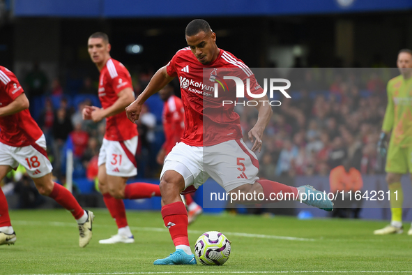 Murillo of Nottingham Forest clears the ball during the Premier League match between Chelsea and Nottingham Forest at Stamford Bridge in Lon...