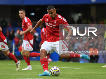 Murillo of Nottingham Forest clears the ball during the Premier League match between Chelsea and Nottingham Forest at Stamford Bridge in Lon...