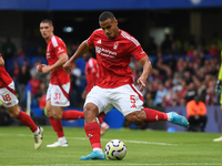 Murillo of Nottingham Forest clears the ball during the Premier League match between Chelsea and Nottingham Forest at Stamford Bridge in Lon...