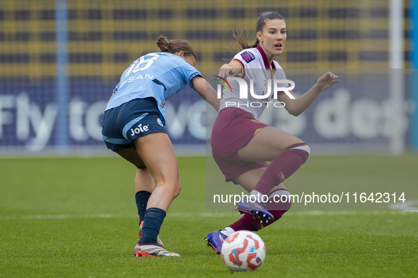 Seraina Piubel #77 of West Ham United F.C. is tackled by Kerstin Casparij #18 of Manchester City W.F.C. during the Barclays FA Women's Super...