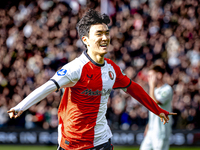 Feyenoord Rotterdam midfielder Inbeom Hwang scores the 2-0 and celebrates the goal during the match between Feyenoord and Twente at the Feye...