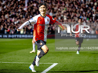 Feyenoord Rotterdam midfielder Inbeom Hwang scores the 2-0 and celebrates the goal during the match between Feyenoord and Twente at the Feye...