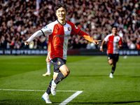 Feyenoord Rotterdam midfielder Inbeom Hwang scores the 2-0 and celebrates the goal during the match between Feyenoord and Twente at the Feye...