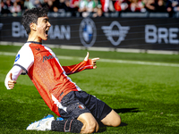 Feyenoord Rotterdam midfielder Inbeom Hwang scores the 2-0 and celebrates the goal during the match between Feyenoord and Twente at the Feye...