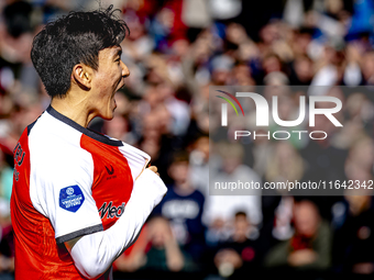 Feyenoord Rotterdam midfielder Inbeom Hwang scores the 2-0 and celebrates the goal during the match between Feyenoord and Twente at the Feye...