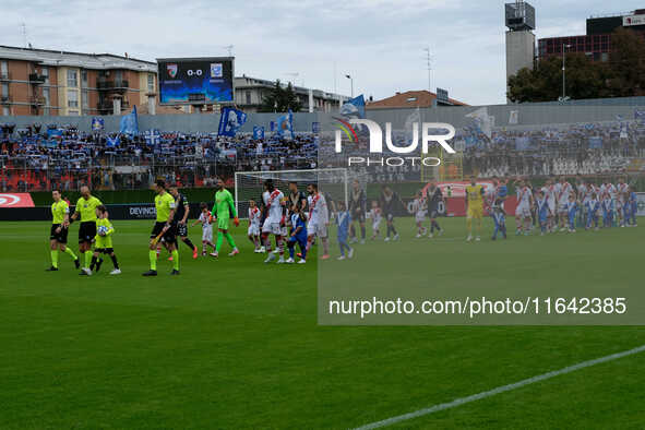 Brescia Calcio FC and Mantova 1911 line up before the kick-off during the Italian Serie B soccer championship football match between Mantova...