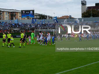 Brescia Calcio FC and Mantova 1911 line up before the kick-off during the Italian Serie B soccer championship football match between Mantova...