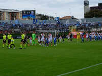 Brescia Calcio FC and Mantova 1911 line up before the kick-off during the Italian Serie B soccer championship football match between Mantova...