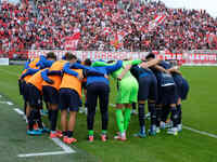 The Brescia Calcio FC team stands before the Italian Serie B soccer championship match between Mantova Calcio 1911 and Brescia Calcio FC at...