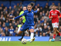 Malo Gusto of Chelsea lines up a shot at goal during the Premier League match between Chelsea and Nottingham Forest at Stamford Bridge in Lo...