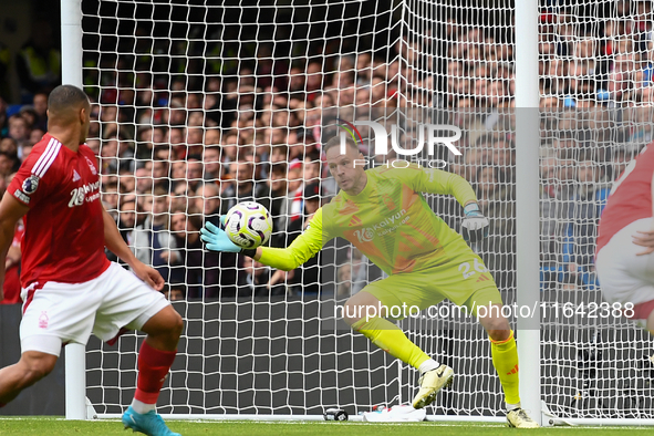 Matz Sels, Nottingham Forest goalkeeper, makes a save during the Premier League match between Chelsea and Nottingham Forest at Stamford Brid...