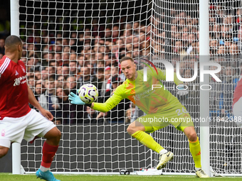 Matz Sels, Nottingham Forest goalkeeper, makes a save during the Premier League match between Chelsea and Nottingham Forest at Stamford Brid...