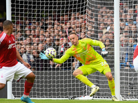 Matz Sels, Nottingham Forest goalkeeper, makes a save during the Premier League match between Chelsea and Nottingham Forest at Stamford Brid...