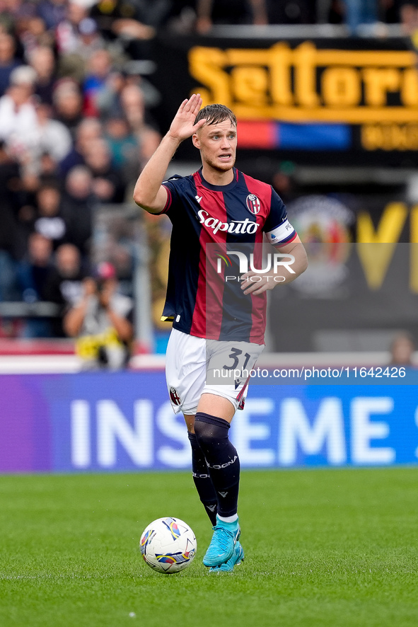 Sam Beukema of Bologna FC during the Serie A Enilive match between Bologna FC and Parma Calcio 1903 at Stadio Renato Dall'Ara on October 06,...